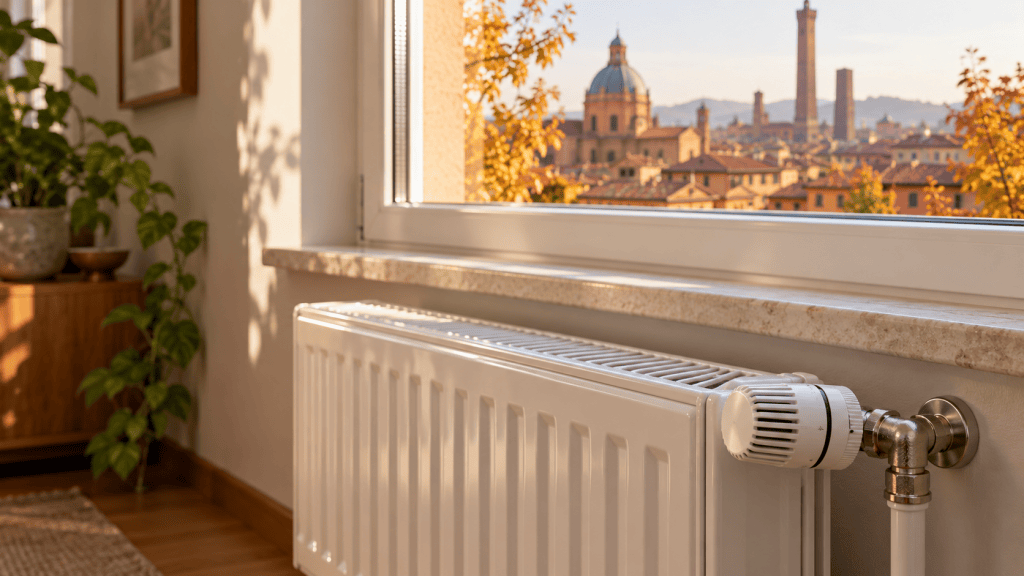 Radiatore bianco con valvola termostatica accanto a una finestra con vista illustrativa su Bologna